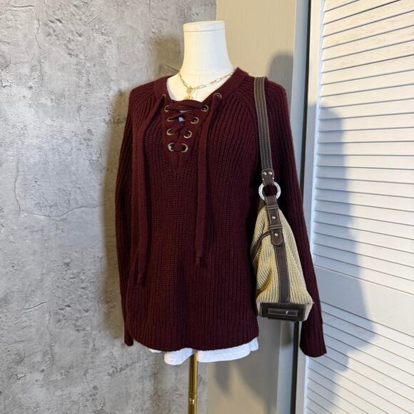 Preppy Soft & Cozy Purple Sweater with Lace Up Detailing - Picture 2 of 6